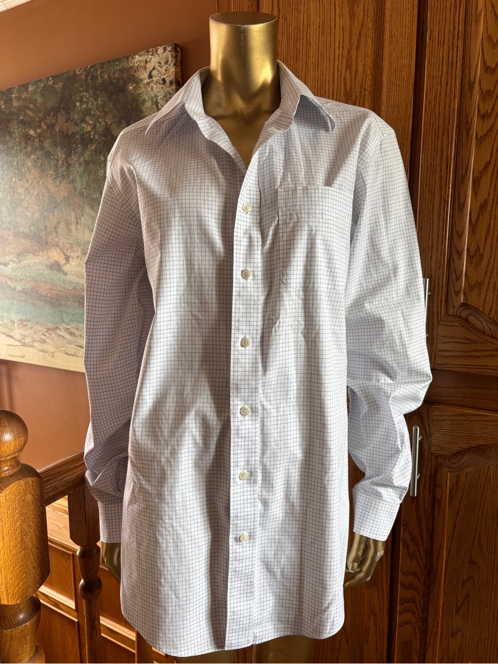 L.L. Bean White Dress Shirt with Light Blue Windowpane Check
